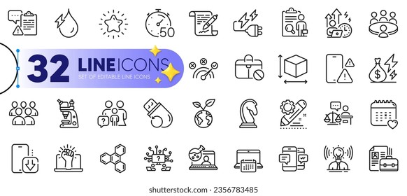 Vorstellung der Symbole Inspect, Timer und Calendar für Web mit Jobless, Meeting, Hydroenergy Thin Icon. Gesundheitskalender, schwieriger Stress, Projekt bearbeiten Piktogramm Symbol. Vektorgrafik