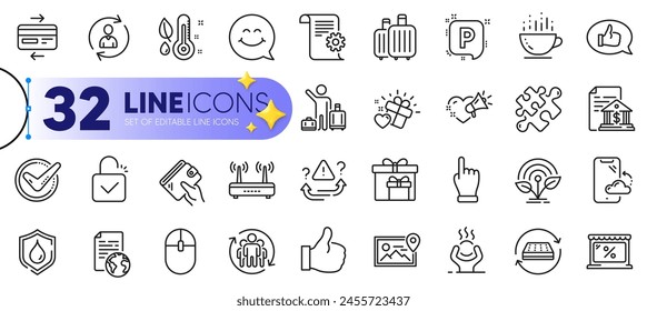 Outline set of Internet document, Incubator and Airport transfer line icons for web with Smartphone cloud, Feedback, Coffee cup thin icon. Market, Teamwork, Like pictogram icon. Vector