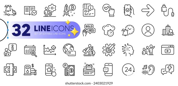 Outline set of Internet pay, Headshot and Lightning bolt line icons for web with Phishing, Alarm clock, Artificial intelligence thin icon. Delivery notification, Hearing. Vector