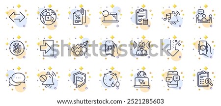 Outline set of Internet, Phone survey and Fingerprint line icons for web app. Include Sync, Accounting checklist, Dots message pictogram icons. Mute sound, Login, Co2 signs. Shield. Vector