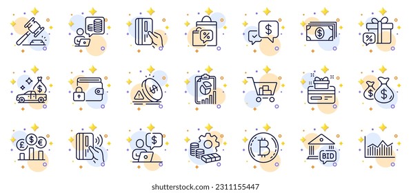 Outline set of Internet shopping, Business person and Inflation line icons for web app. Include Banking, Currency rate, Budget accounting pictogram icons. Money diagram, Auction hammer. Vector