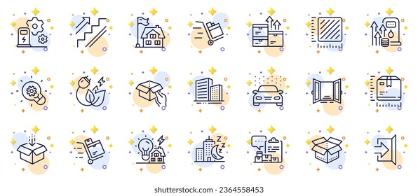 Outline set of Inventory cart, Square meter and Push cart line icons for web app. Include Night city, Green energy, Get box pictogram icons. Car wash, Fuel price, Stairs signs. Buildings. Vector