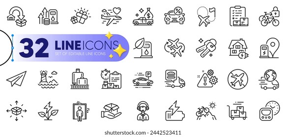 Outline set of Inventory checklist, Battery and Shipping support line icons for web with Cash transit, Gift, Bicycle lockers thin icon. Food delivery, Car parking. Design with yellow 3d stars. Vector