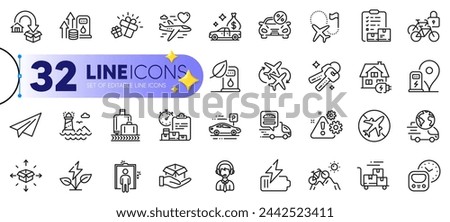 Outline set of Inventory checklist, Battery and Shipping support line icons for web with Cash transit, Gift, Bicycle lockers thin icon. Food delivery, Car parking. Design with yellow 3d stars. Vector
