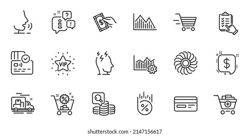 Outline Set Of Investment Graph, Add Products And Fan Engine Line Icons For Web Application. Talk, Information, Delivery Truck Outline Icon. Include Card, Shopping Cart, Payment Message Icons. Vector