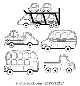 outline set of isolated buses and trucks