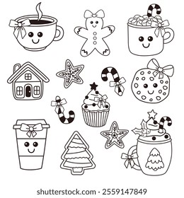 outline set of isolated Christmas mug, gingerbread cookie, sweets