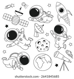 outline set of isolated cute astronaut, rocket, Earth,Moon