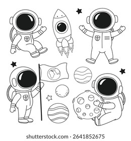 outline set of isolated cute astronauts and planets