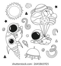 outline set of isolated cute astronauts and planets, Sun