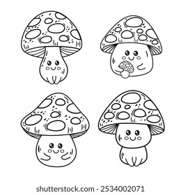 outline set of isolated cute cartoon mushroom 