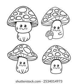 outline set of isolated cute cartoon mushroom 