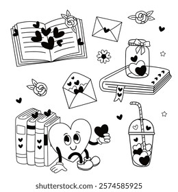 outline set of isolated cute character heart, books,letter, flower