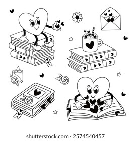 outline set of isolated cute characters hearts, books, cup, envelope, flower,candle
