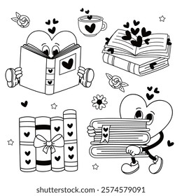 outline set of isolated cute characters hearts, books, cup, flowe