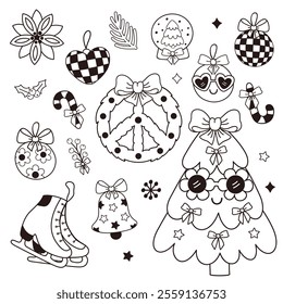 outline set of isolated cute Christmas tree, wreath, ice skates,Christmas decoration