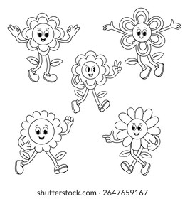 outline set of isolated cute groovy cartoon character flowers
