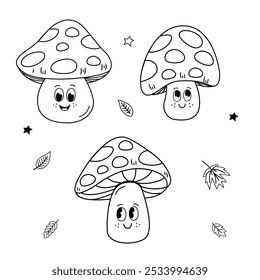 outline set of isolated cute mushrooms