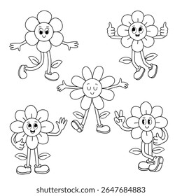 conjunto de contorno de flores isoladas do personagem do desenho animado divertido groovy