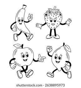 outline set of isolated groovy banana, strawberry, apple,lemon