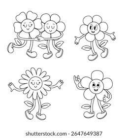 outline set of isolated groovy cartoon character flowers