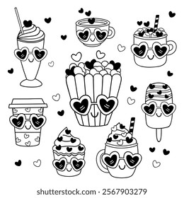 outline set of isolated groovy whimsical sweets for Valentine Day