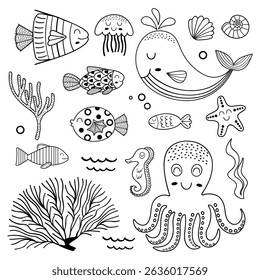 outline set of isolated with marine animals