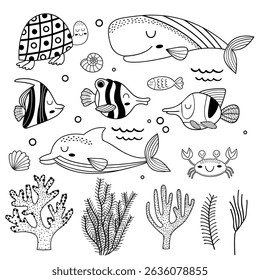outline set of isolated with marine animals and plant