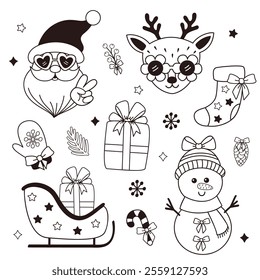 outline set of isolated retro Santa, reindeer, snowman, santa sleigh, gift