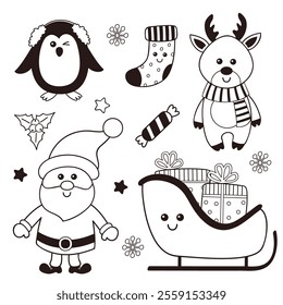 outline set of isolated Santa Claus, reindeer, gifts, penguin