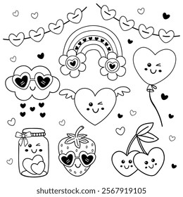 outline set of isolated whimsical valentine rainbow, garland, cloud, berries