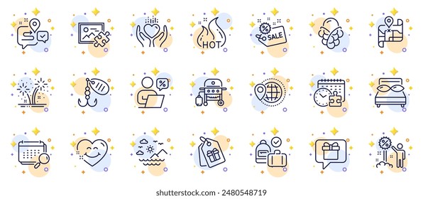 Outline set of Journey, Calendar and Pillows line icons for web app. Include World travel, Fishing lure, Ice cream pictogram icons. Carry-on baggage, Puzzle image, Coupons signs. Vector