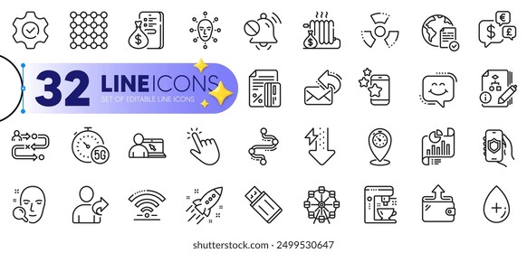 Outline set of Journey path, Density and Face biometrics line icons for web with Algorithm, Execute, Online education thin icon. Usb flash, Share mail, Money currency pictogram icon. Vector