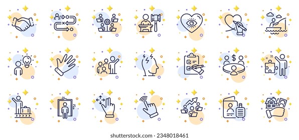 Conjunto de esquemas de la ruta de viaje, trabajo en equipo e iconos de la línea de la casa de compras para la aplicación web. Incluye los iconos del pictograma Movimiento, Reunión y Subasta. Estrés, Mano, Señales del grupo. Estrategia. Vector