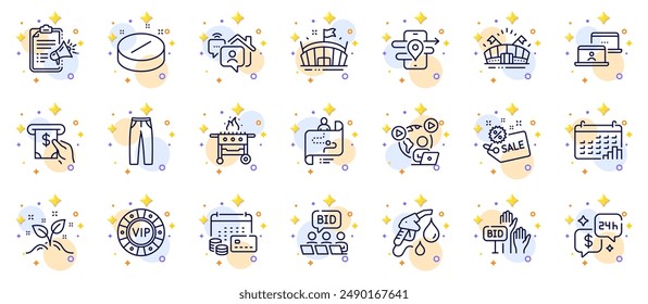 Outline set of Journey path, Vip chip and Money calendar line icons for web app. Include Online auction, Megaphone checklist, Atm service pictogram icons. Gps, Arena, Calendar graph signs. Vector