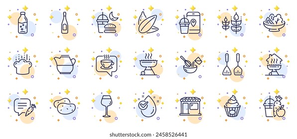 Outline set of Juice, Chat bubble and Cooking cutlery line icons for web app. Include Coffee, Milk jug, Food app pictogram icons. Cooking hat, Salad, Potato signs. Gluten free, Champagne. Vector