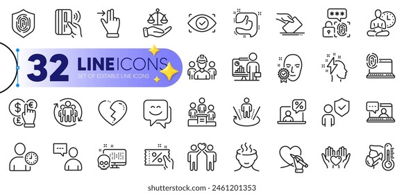 Outline set of Justice scales, Teamwork and Yoga line icons for web with Like, Online tax, Users chat thin icon. Touchscreen gesture, Stress, Biometric eye pictogram icon. Broken heart. Vector