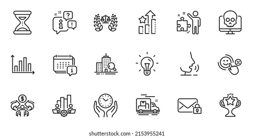 Outline Set Of Justice Scales, Time And Safe Time Line Icons For Web Application. Talk, Information, Delivery Truck Outline Icon. Include Cyber Attack, Diagram Graph, Victory Icons. Vector