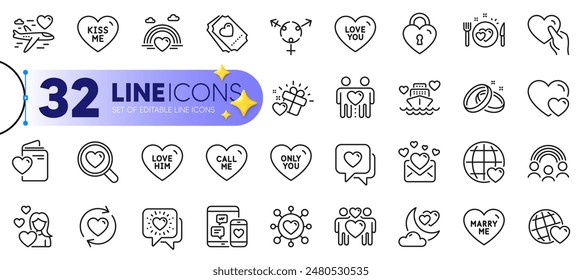 Outline set of Kiss me, Marry me and Love lock line icons for web with Love gift, Dating, Lgbt thin icon. Romantic dinner, Heart, Honeymoon travel pictogram icon. Friends world. Vector