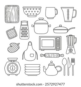 outline set of kitchen elements in cartoon flat style, collection of vector icons as saucepan, microwave, plates, apron, blender, scales and cup with teapot isolated on white background