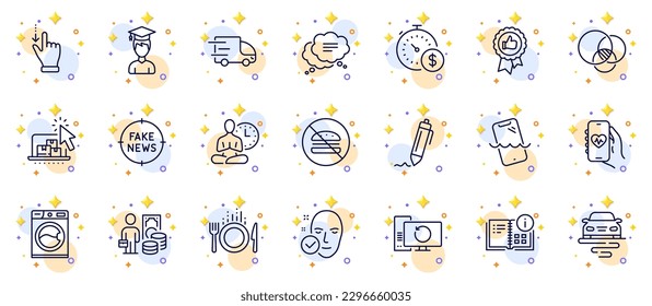 Conjunto de esquema de iconos de línea de último minuto, mensaje de texto y diagrama de desbordamiento para la aplicación web. Incluye la piel de estado, lavadora, iconos del pictograma del equipo de recuperación. Aplicación de salud, Alimentos. Vector
