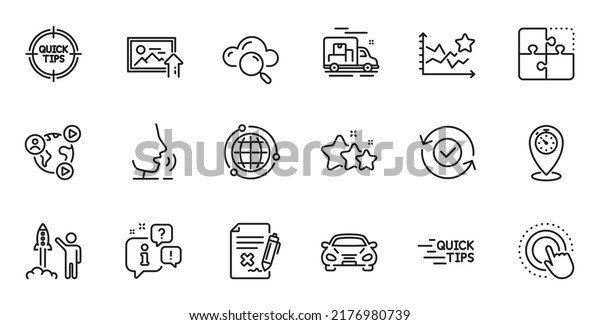 Outline set of Launch project, Puzzle and Ranking\
stars line icons for web application. Talk, information, delivery\
truck outline icon. Include Upload photo, Globe, Security confirmed\
icons. Vector