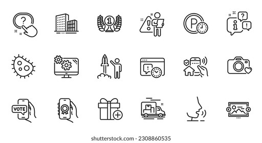 Outline set of Launch project, Question button and Bacteria line icons for web application. Talk, information, delivery truck outline icon. Include Online voting, Buildings, Settings icons. Vector