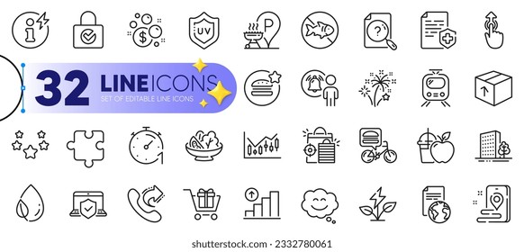 Outline set of Launder money, Share call and Food delivery line icons for web with Laptop insurance, Package, Password encryption thin icon. Search document, Stars, Buildings pictogram icon. Vector