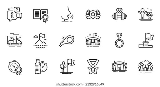Outline set of Laureate, Fitness water and Arena stadium line icons for web application. Talk, information, delivery truck outline icon. Include Diploma, Arena, Winner flag icons. Vector - Shutterstock ID 2132916549
