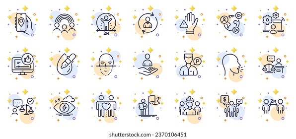 Outline set of Leadership, Inclusion and Engineering team line icons for web app. Include Face recognition, Lawyer, Teamwork pictogram icons. Valet servant, Friends couple, Court judge signs. Vector