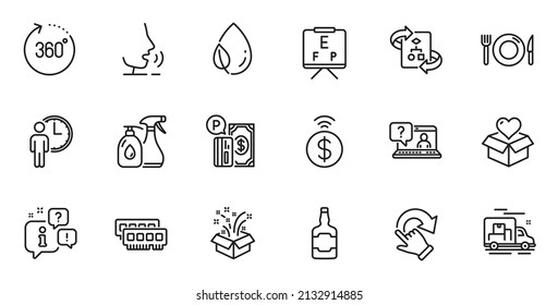 Outline set of Leaf dew, Contactless payment and Ram line icons for web application. Talk, information, delivery truck outline icon. Include Waiting, Vision board, Donation icons. Vector