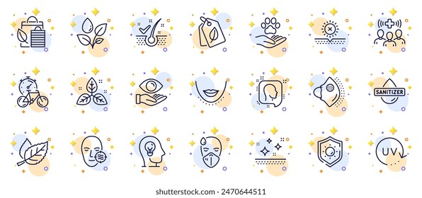 Outline set of Leaf, Fair trade and Medical mask line icons for web app. Include No sun, Sun protection, Medical staff pictogram icons. Pets care, Mental health, Health eye signs. Head. Vector