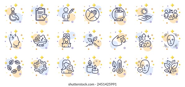Umriss-Set von Blatt-, Salat- und Grow-Pflanzenlinien-Icons für Web-App. Enthält Sonnenschutz, Stress, Kollagen Haut Piktogramm-Symbole. Schwieriger Stress, Gesichtserkennung, Gesundheitliche Hautzeichen. Vektorgrafik