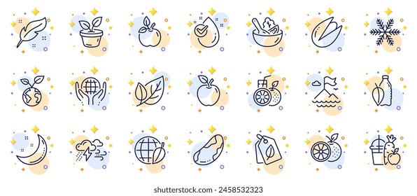 Outline set of Leaves, Orange and Juice line icons for web app. Include Salad, Water bottle, Save planet pictogram icons. Bad weather, Feather, Bio tags signs. Apple, Leaf, Mountain flag. Vector